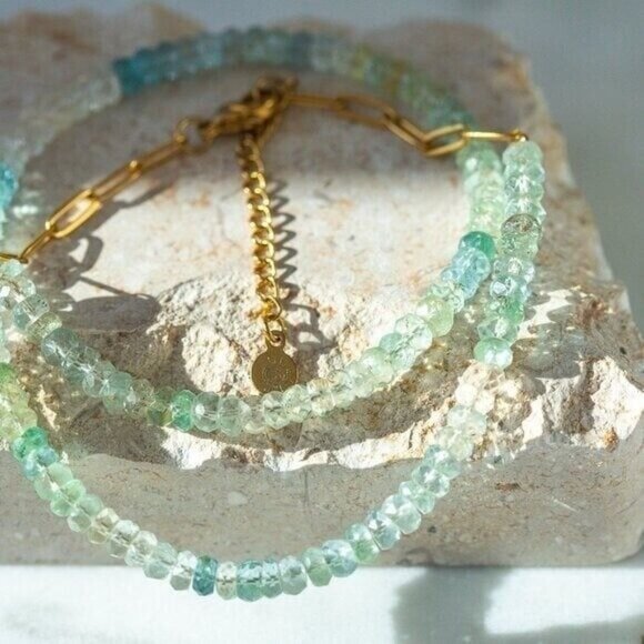 Ombre Aquamarine Beaded Necklace Genuine Gemstone Waterproof Gold Adjustable - Picture 2 of 12
